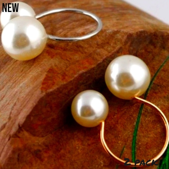 💝New 2 Ring Set Silver & Gold Faux Pearl Adjustable Rings - Picture 4 of 7